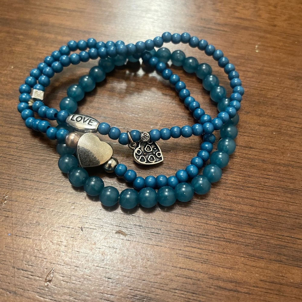 Teal Beaded Bracelet Set with Heart Charms